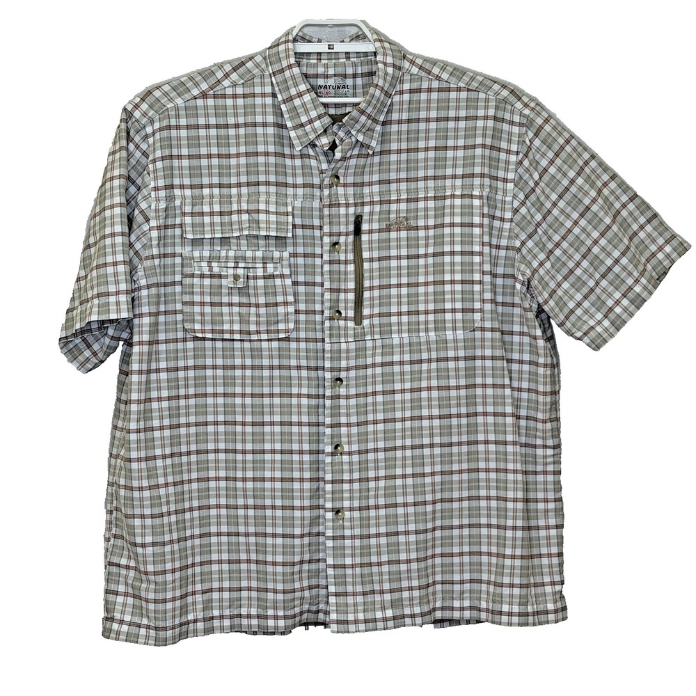 Natural Gear Button Down Shirt Mens XL Tan Plaid Short Sleeve 100% Nylon Pockets